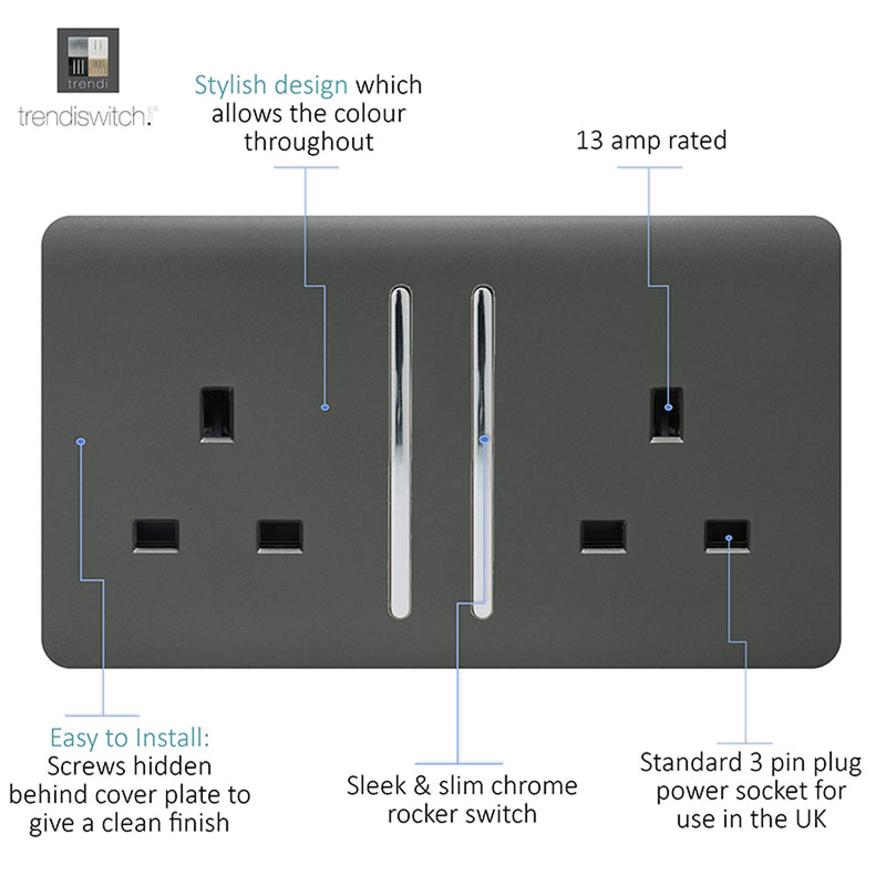 Load image into Gallery viewer, Trendi Switch ART-SKT213LCH, Artistic Modern 2 Gang 13Amp Long Switched Double Socket Chrome Rocker Charcoal Finish, BRITISH MADE, (25mm Back Box Required), 5yrs Warranty - 53836
