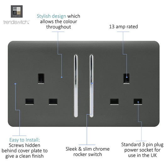 Trendi Switch ART-SKT213LCH, Artistic Modern 2 Gang 13Amp Long Switched Double Socket Chrome Rocker Charcoal Finish, BRITISH MADE, (25mm Back Box Required), 5yrs Warranty - 53836