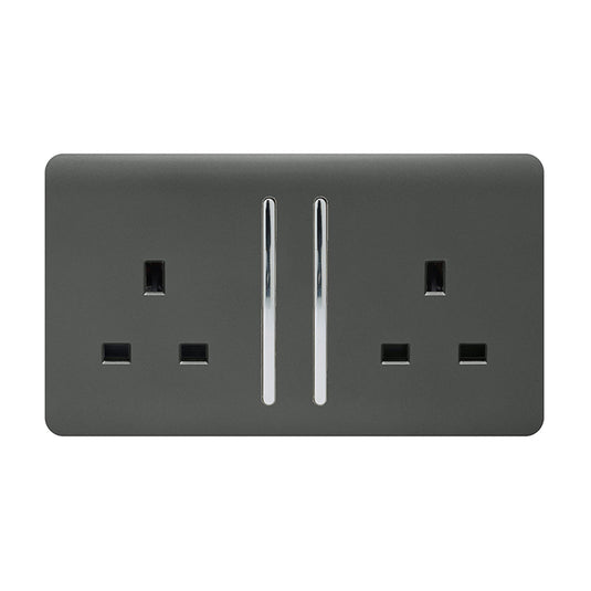 Trendi Switch ART-SKT213LCH, Artistic Modern 2 Gang 13Amp Long Switched Double Socket Chrome Rocker Charcoal Finish, BRITISH MADE, (25mm Back Box Required), 5yrs Warranty - 53836