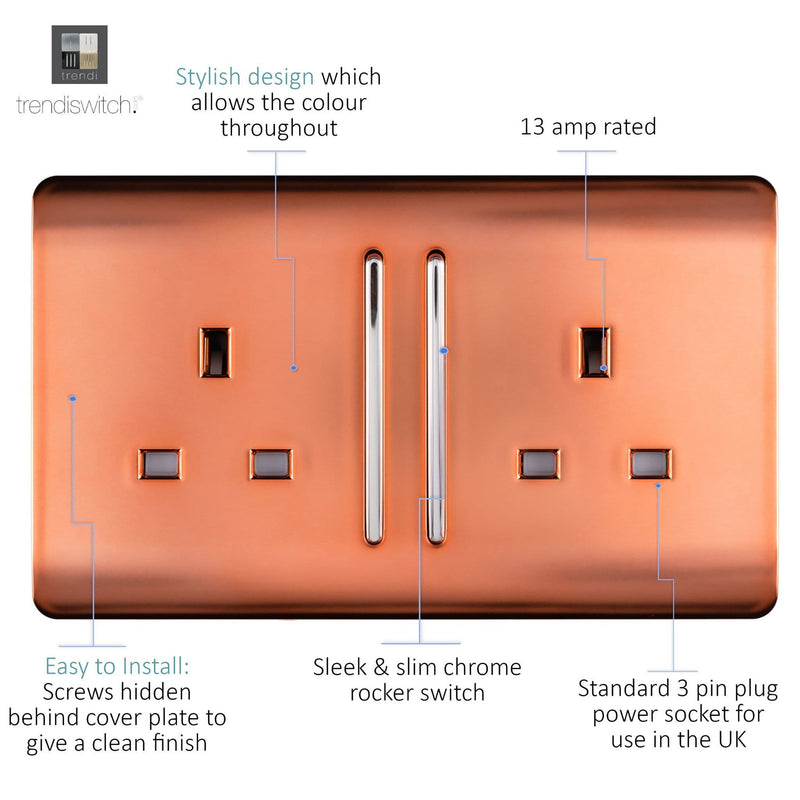 Load image into Gallery viewer, Trendi Switch ART-SKT213LCPR, Artistic Modern 2 Gang 13Amp Long Switched Double Socket Copper Finish, BRITISH MADE, (25mm Back Box Required), 5yrs Warranty - 53837
