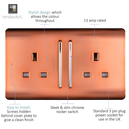 Trendi Switch ART-SKT213LCPR, Artistic Modern 2 Gang 13Amp Long Switched Double Socket Copper Finish, BRITISH MADE, (25mm Back Box Required), 5yrs Warranty - 53837