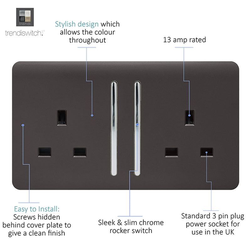 Load image into Gallery viewer, Trendi Switch ART-SKT213LDB, Artistic Modern 2 Gang 13Amp Long Switched Double Socket Dark Brown Finish, BRITISH MADE, (25mm Back Box Required), 5yrs Warranty - 53838
