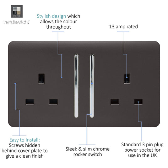 Trendi Switch ART-SKT213LDB, Artistic Modern 2 Gang 13Amp Long Switched Double Socket Dark Brown Finish, BRITISH MADE, (25mm Back Box Required), 5yrs Warranty - 53838