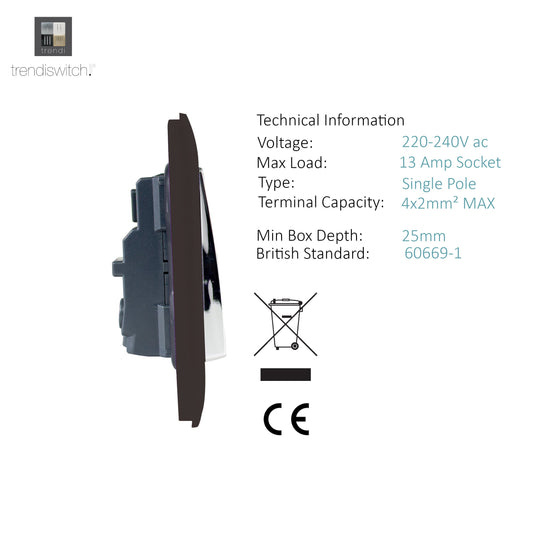 Trendi Switch ART-SKT213LDB, Artistic Modern 2 Gang 13Amp Long Switched Double Socket Dark Brown Finish, BRITISH MADE, (25mm Back Box Required), 5yrs Warranty - 53838