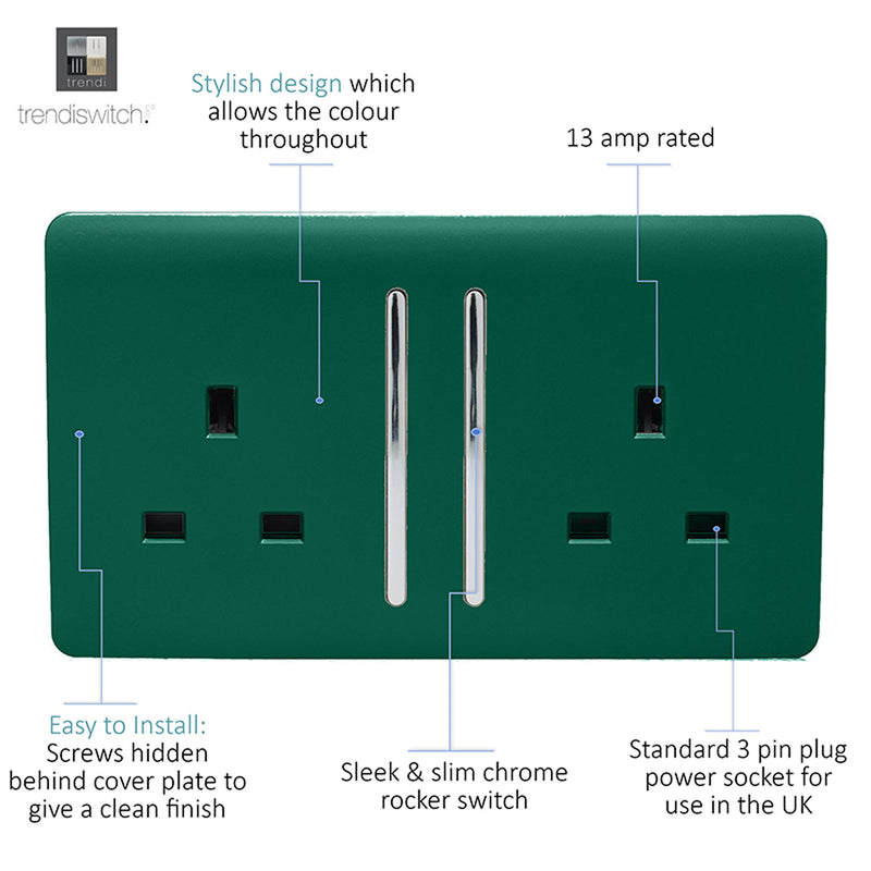 Load image into Gallery viewer, Trendi Switch ART-SKT213LDG, Artistic Modern 2 Gang 13Amp Long Switched Double Socket Dark Green Finish, BRITISH MADE, (25mm Back Box Required), 5yrs Warranty - 53839
