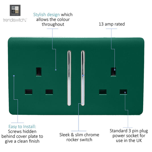 Trendi Switch ART-SKT213LDG, Artistic Modern 2 Gang 13Amp Long Switched Double Socket Dark Green Finish, BRITISH MADE, (25mm Back Box Required), 5yrs Warranty - 53839