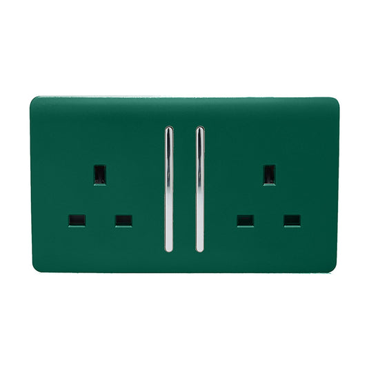 Trendi Switch ART-SKT213LDG, Artistic Modern 2 Gang 13Amp Long Switched Double Socket Dark Green Finish, BRITISH MADE, (25mm Back Box Required), 5yrs Warranty - 53839