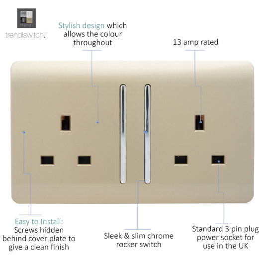 Trendi Switch ART-SKT213LGO, Artistic Modern 2 Gang 13Amp Long Switched Double Socket Champagne Gold Finish, BRITISH MADE, (25mm Back Box Required), 5yrs Warranty - 24238