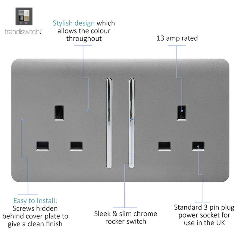 Load image into Gallery viewer, Trendi Switch ART-SKT213LLG, Artistic Modern 2 Gang 13Amp Long Switched Double Socket Light Grey Finish, BRITISH MADE, (25mm Back Box Required), 5yrs Warranty - 53840
