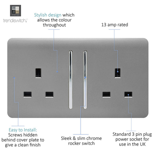 Trendi Switch ART-SKT213LLG, Artistic Modern 2 Gang 13Amp Long Switched Double Socket Light Grey Finish, BRITISH MADE, (25mm Back Box Required), 5yrs Warranty - 53840