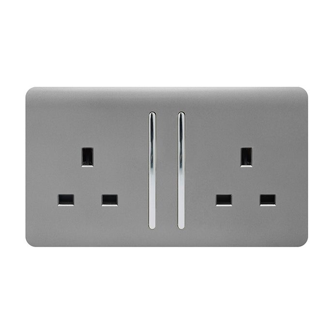 Trendi Switch ART-SKT213LLG, Artistic Modern 2 Gang 13Amp Long Switched Double Socket Light Grey Finish, BRITISH MADE, (25mm Back Box Required), 5yrs Warranty - 53840