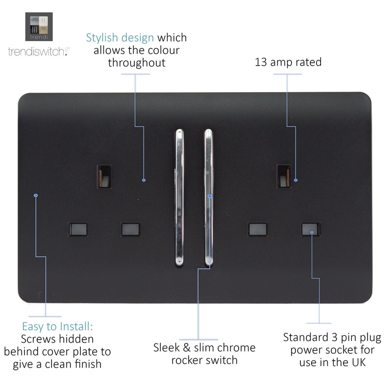 Load image into Gallery viewer, Trendi Switch ART-SKT213LMBK, Artistic Modern 2 Gang 13Amp Long Switched Double Socket Matt Black Finish, BRITISH MADE, (25mm Back Box Required), 5yrs Warranty - 43871
