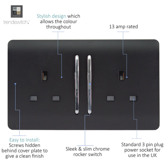 Trendi Switch ART-SKT213LMBK, Artistic Modern 2 Gang 13Amp Long Switched Double Socket Matt Black Finish, BRITISH MADE, (25mm Back Box Required), 5yrs Warranty - 43871