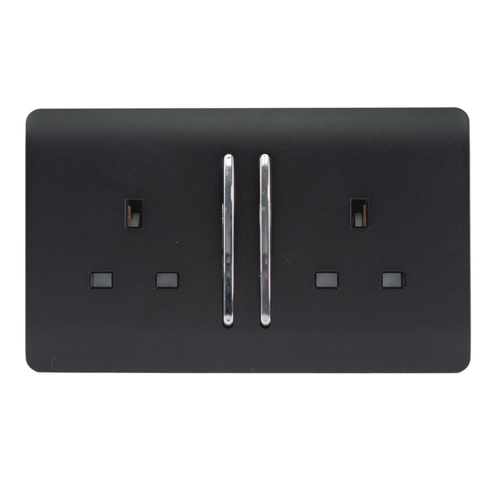 Trendi Switch ART-SKT213LMBK, Artistic Modern 2 Gang 13Amp Long Switched Double Socket Matt Black Finish, BRITISH MADE, (25mm Back Box Required), 5yrs Warranty - 43871