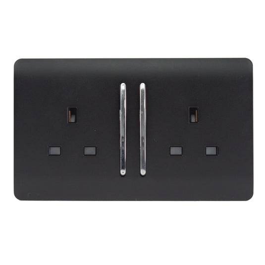 Trendi Switch ART-SKT213LMBK, Artistic Modern 2 Gang 13Amp Long Switched Double Socket Matt Black Finish, BRITISH MADE, (25mm Back Box Required), 5yrs Warranty - 43871