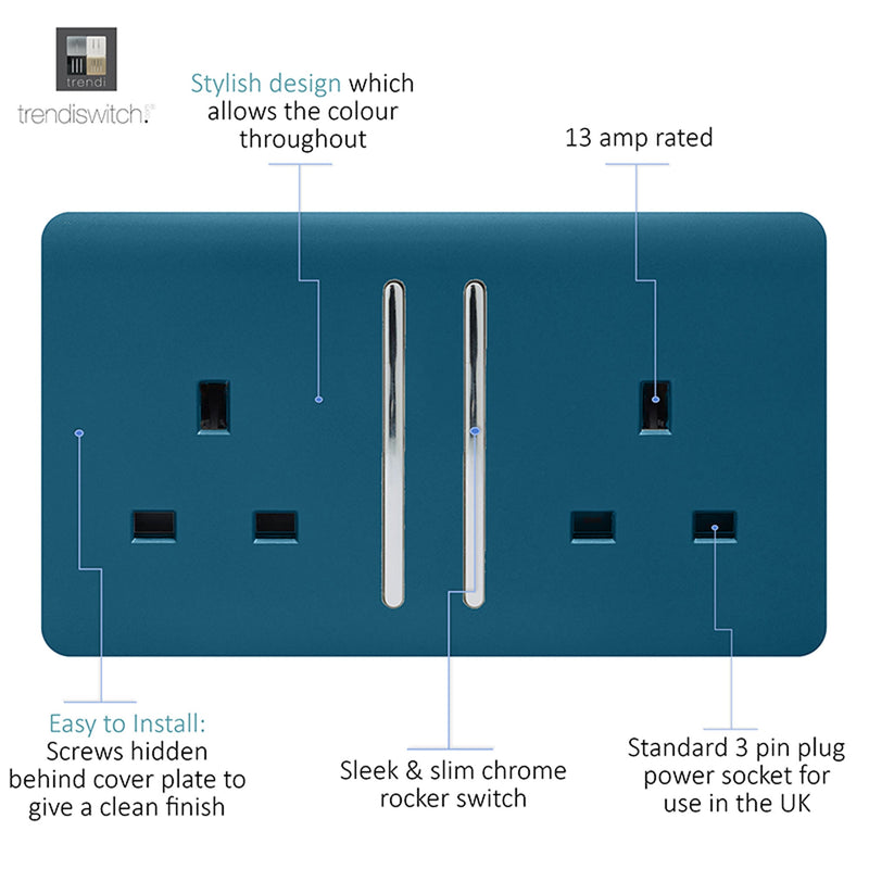 Load image into Gallery viewer, Trendi Switch ART-SKT213LMD, Artistic Modern 2 Gang 13Amp Long Switched Double Socket Midnight Blue Finish, BRITISH MADE, (25mm Back Box Required), 5yrs Warranty - 53841
