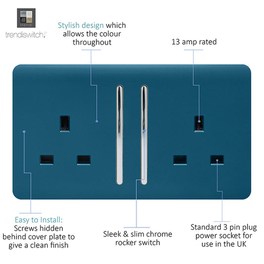 Trendi Switch ART-SKT213LMD, Artistic Modern 2 Gang 13Amp Long Switched Double Socket Midnight Blue Finish, BRITISH MADE, (25mm Back Box Required), 5yrs Warranty - 53841