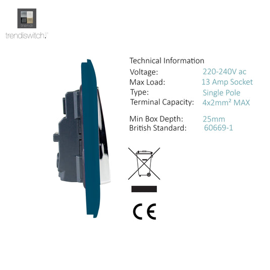 Trendi Switch ART-SKT213LMD, Artistic Modern 2 Gang 13Amp Long Switched Double Socket Midnight Blue Finish, BRITISH MADE, (25mm Back Box Required), 5yrs Warranty - 53841