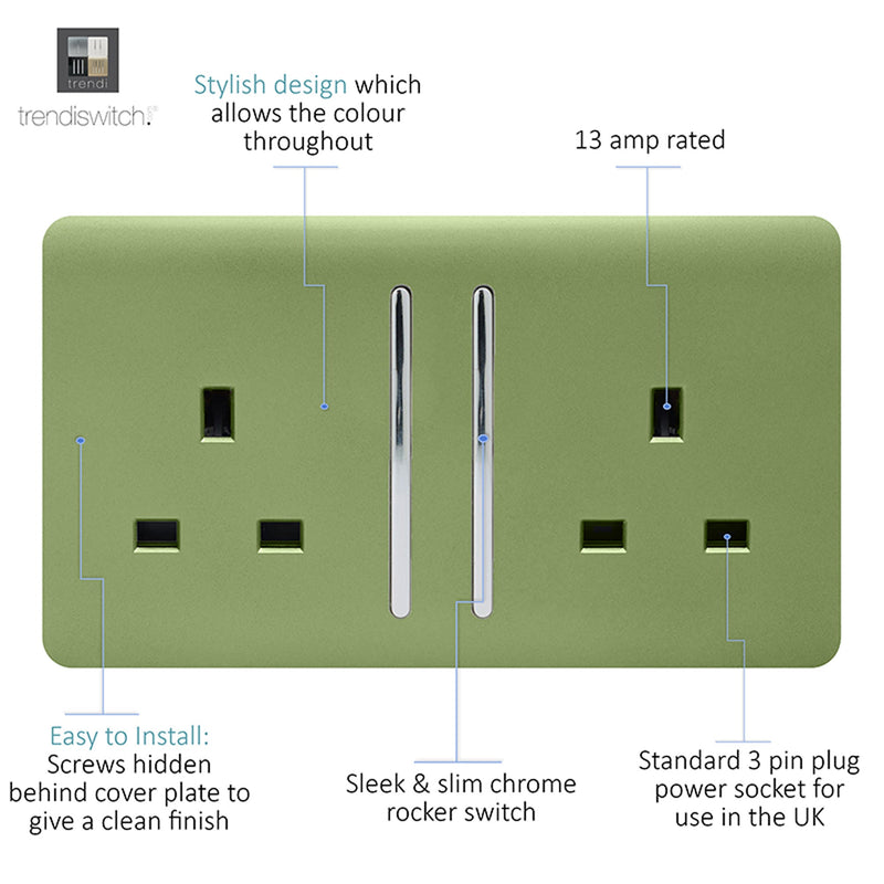 Load image into Gallery viewer, Trendi Switch ART-SKT213LMG, Artistic Modern 2 Gang 13Amp Long Switched Double Socket Moss Green Finish, BRITISH MADE, (25mm Back Box Required), 5yrs Warranty - 53842
