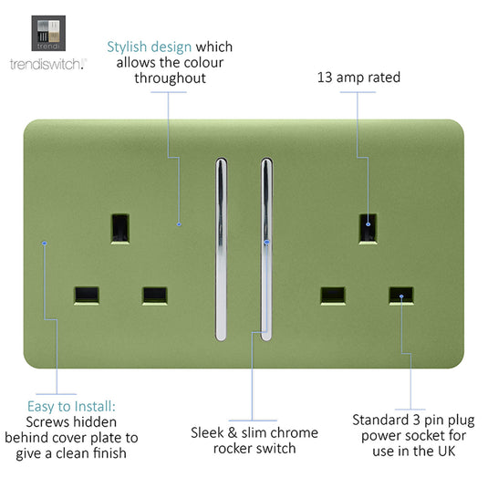 Trendi Switch ART-SKT213LMG, Artistic Modern 2 Gang 13Amp Long Switched Double Socket Moss Green Finish, BRITISH MADE, (25mm Back Box Required), 5yrs Warranty - 53842