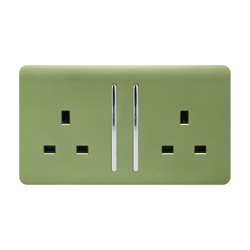 Load image into Gallery viewer, Trendi Switch ART-SKT213LMG, Artistic Modern 2 Gang 13Amp Long Switched Double Socket Moss Green Finish, BRITISH MADE, (25mm Back Box Required), 5yrs Warranty - 53842
