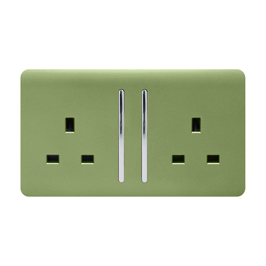 Trendi Switch ART-SKT213LMG, Artistic Modern 2 Gang 13Amp Long Switched Double Socket Moss Green Finish, BRITISH MADE, (25mm Back Box Required), 5yrs Warranty - 53842