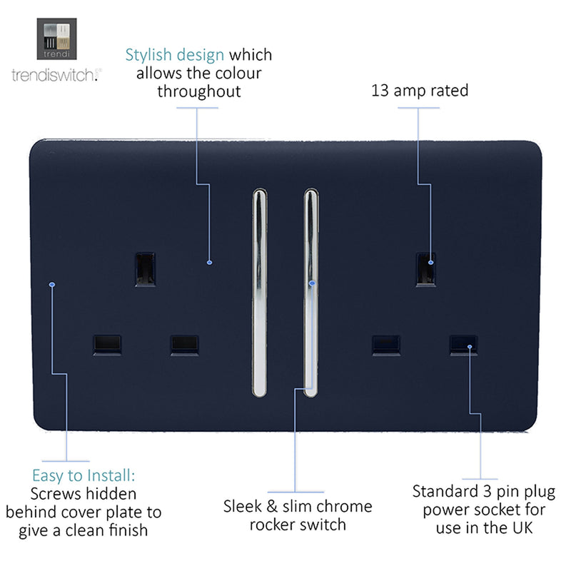 Load image into Gallery viewer, Trendi Switch ART-SKT213LNV, Artistic Modern 2 Gang 13Amp Long Switched Double Socket Navy Blue Finish, BRITISH MADE, (25mm Back Box Required), 5yrs Warranty - 53843
