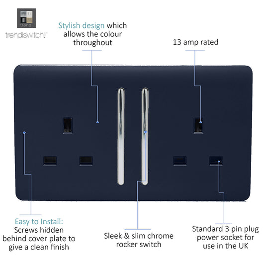 Trendi Switch ART-SKT213LNV, Artistic Modern 2 Gang 13Amp Long Switched Double Socket Navy Blue Finish, BRITISH MADE, (25mm Back Box Required), 5yrs Warranty - 53843