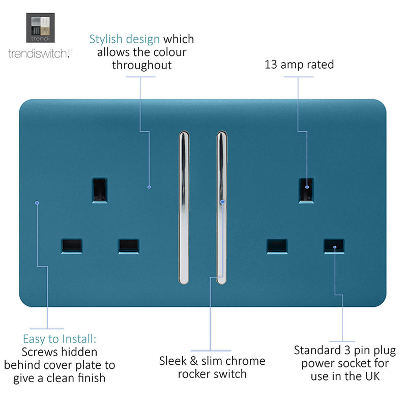 Load image into Gallery viewer, Trendi Switch ART-SKT213LOB, Artistic Modern 2 Gang 13Amp Long Switched Double Socket Ocean Blue Finish, BRITISH MADE, (25mm Back Box Required), 5yrs Warranty - 53844
