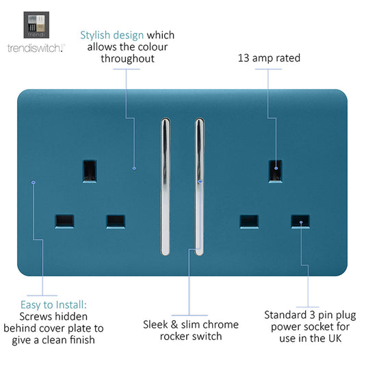 Trendi Switch ART-SKT213LOB, Artistic Modern 2 Gang 13Amp Long Switched Double Socket Ocean Blue Finish, BRITISH MADE, (25mm Back Box Required), 5yrs Warranty - 53844