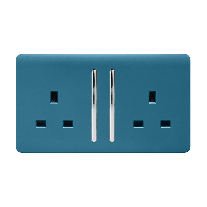 Trendi Switch ART-SKT213LOB, Artistic Modern 2 Gang 13Amp Long Switched Double Socket Ocean Blue Finish, BRITISH MADE, (25mm Back Box Required), 5yrs Warranty - 53844