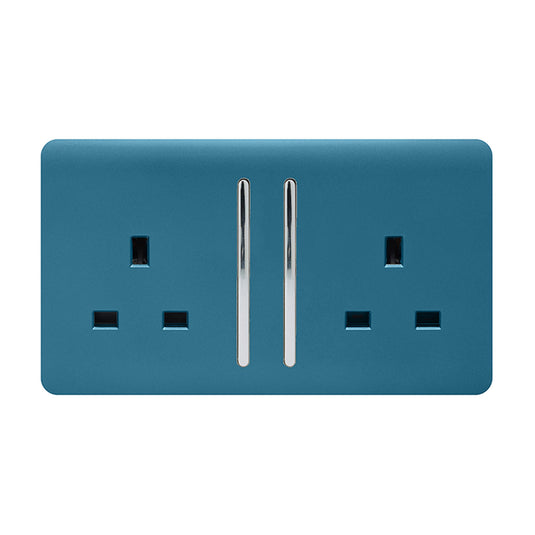 Trendi Switch ART-SKT213LOB, Artistic Modern 2 Gang 13Amp Long Switched Double Socket Ocean Blue Finish, BRITISH MADE, (25mm Back Box Required), 5yrs Warranty - 53844