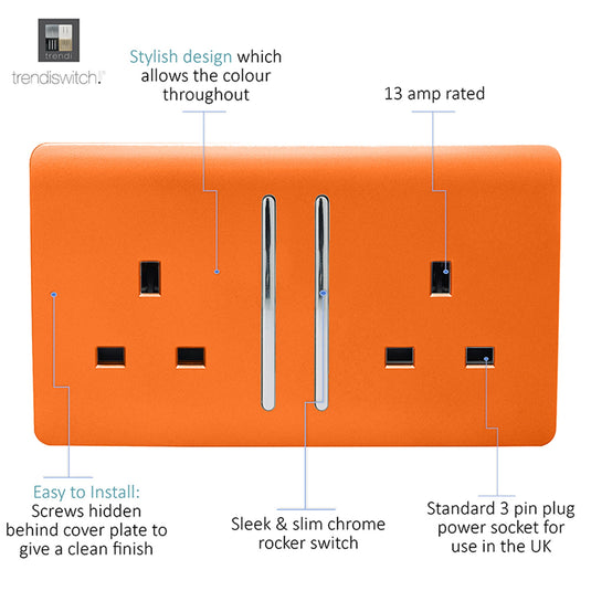 Trendi Switch ART-SKT213LOR, Artistic Modern 2 Gang 13Amp Long Switched Double Socket Orange Finish, BRITISH MADE, (25mm Back Box Required), 5yrs Warranty - 53845