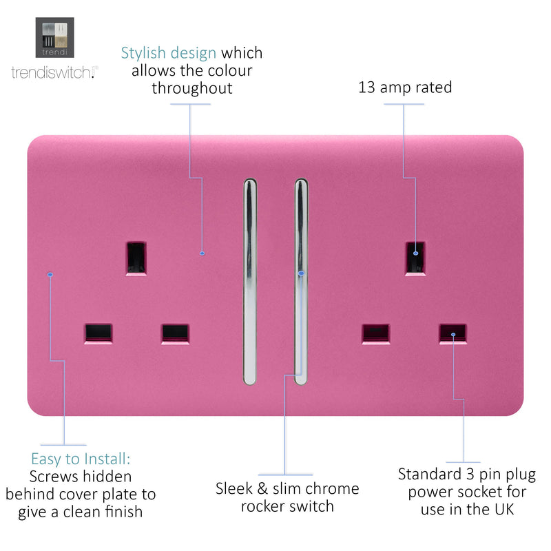 Load image into Gallery viewer, Trendi Switch ART-SKT213LPK, Artistic Modern 2 Gang 13Amp Long Switched Double Socket Pink Finish, BRITISH MADE, (25mm Back Box Required), 5yrs Warranty - 53846
