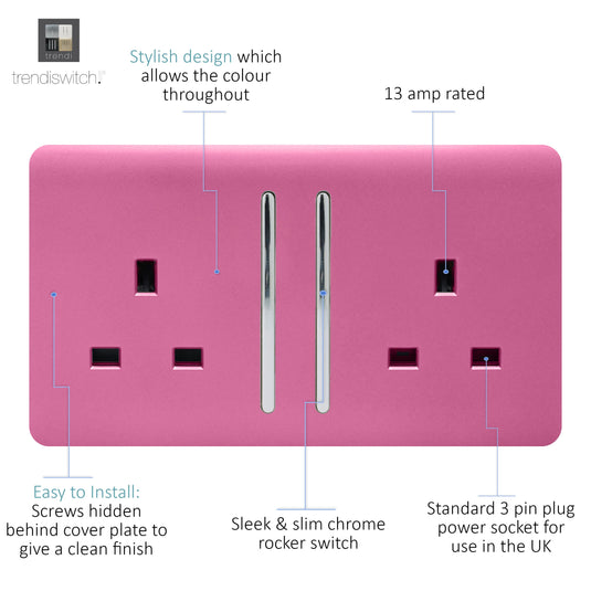 Trendi Switch ART-SKT213LPK, Artistic Modern 2 Gang 13Amp Long Switched Double Socket Pink Finish, BRITISH MADE, (25mm Back Box Required), 5yrs Warranty - 53846