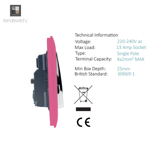 Trendi Switch ART-SKT213LPK, Artistic Modern 2 Gang 13Amp Long Switched Double Socket Pink Finish, BRITISH MADE, (25mm Back Box Required), 5yrs Warranty - 53846