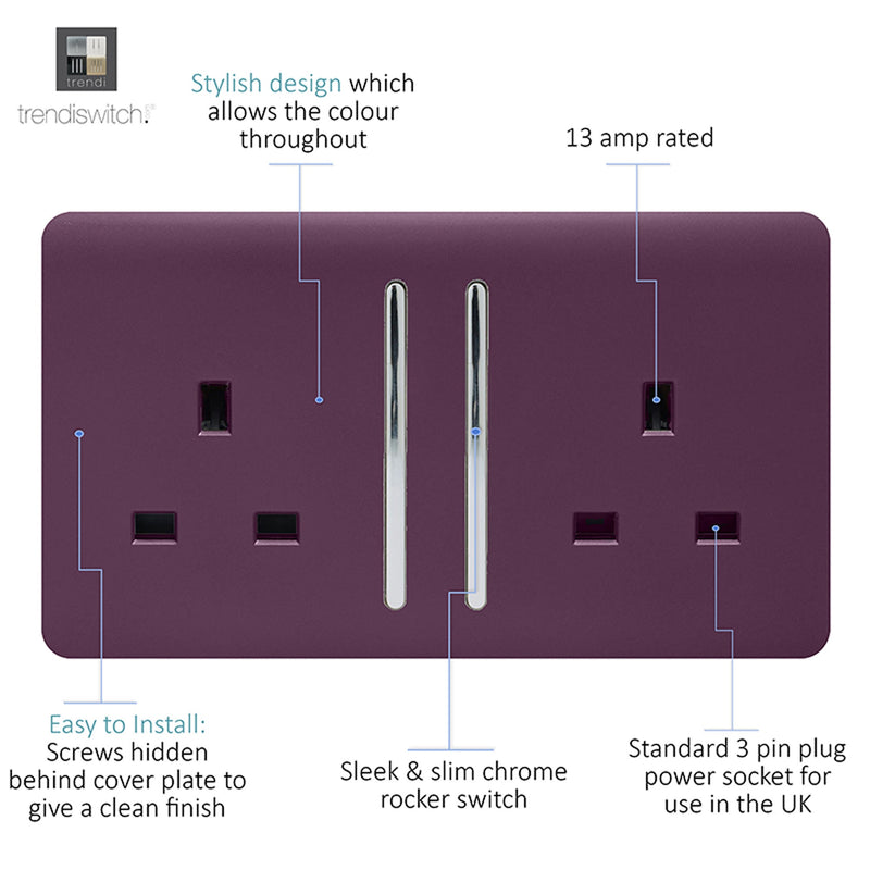 Load image into Gallery viewer, Trendi Switch ART-SKT213LPL, Artistic Modern 2 Gang 13Amp Long Switched Double Socket Plum Finish, BRITISH MADE, (25mm Back Box Required), 5yrs Warranty - 53847
