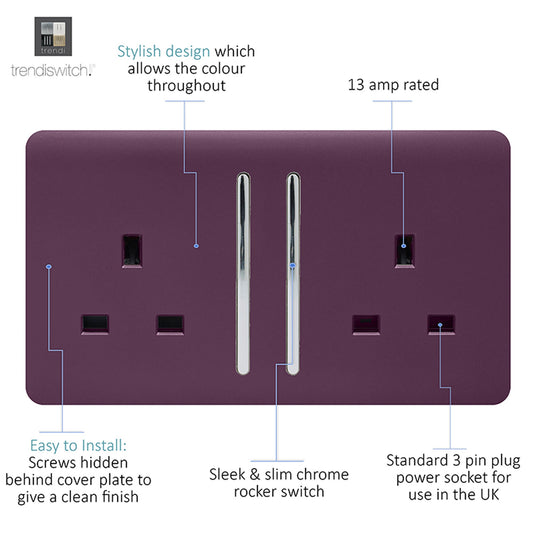 Trendi Switch ART-SKT213LPL, Artistic Modern 2 Gang 13Amp Long Switched Double Socket Plum Finish, BRITISH MADE, (25mm Back Box Required), 5yrs Warranty - 53847