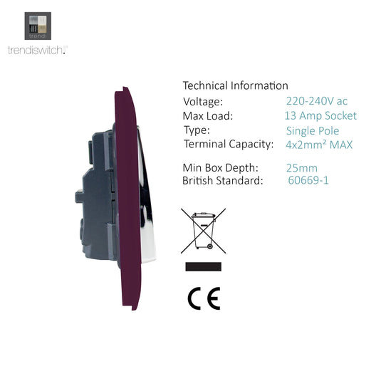 Trendi Switch ART-SKT213LPL, Artistic Modern 2 Gang 13Amp Long Switched Double Socket Plum Finish, BRITISH MADE, (25mm Back Box Required), 5yrs Warranty - 53847