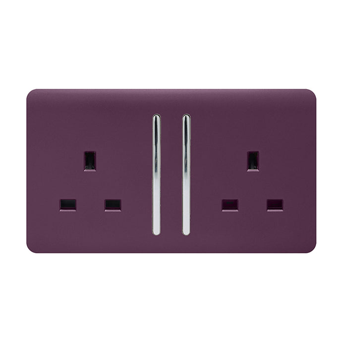 Trendi Switch ART-SKT213LPL, Artistic Modern 2 Gang 13Amp Long Switched Double Socket Plum Finish, BRITISH MADE, (25mm Back Box Required), 5yrs Warranty - 53847