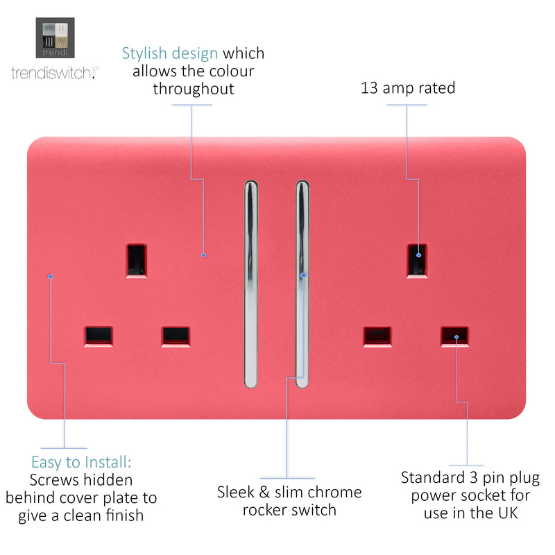 Load image into Gallery viewer, Trendi Switch ART-SKT213LSB, Artistic Modern 2 Gang 13Amp Long Switched Double Socket Strawberry Finish, BRITISH MADE, (25mm Back Box Required), 5yrs Warranty - 53848
