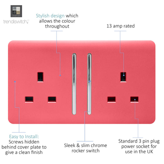 Trendi Switch ART-SKT213LSB, Artistic Modern 2 Gang 13Amp Long Switched Double Socket Strawberry Finish, BRITISH MADE, (25mm Back Box Required), 5yrs Warranty - 53848