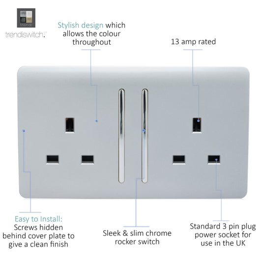 Trendi Switch ART-SKT213LSI, Artistic Modern 2 Gang 13Amp Long Switched Double Socket Silver Finish, BRITISH MADE, (25mm Back Box Required), 5yrs Warranty - 24237