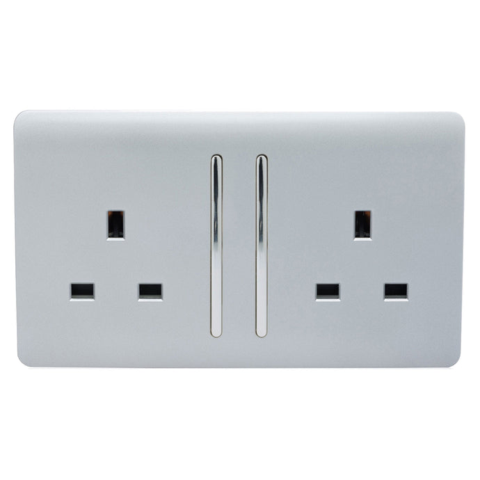 Trendi Switch ART-SKT213LSI, Artistic Modern 2 Gang 13Amp Long Switched Double Socket Silver Finish, BRITISH MADE, (25mm Back Box Required), 5yrs Warranty - 24237