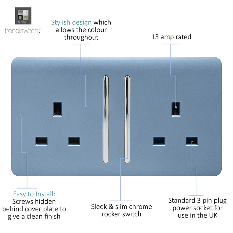 Load image into Gallery viewer, Trendi Switch ART-SKT213LSK, Artistic Modern 2 Gang 13Amp Long Switched Double Socket Sky Finish, BRITISH MADE, (25mm Back Box Required), 5yrs Warranty - 53849
