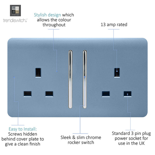 Trendi Switch ART-SKT213LSK, Artistic Modern 2 Gang 13Amp Long Switched Double Socket Sky Finish, BRITISH MADE, (25mm Back Box Required), 5yrs Warranty - 53849