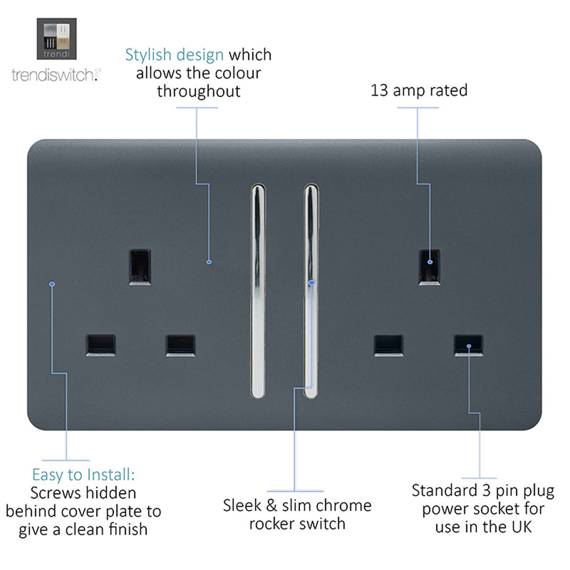 Load image into Gallery viewer, Trendi Switch ART-SKT213LWG, Artistic Modern 2 Gang 13Amp Long Switched Double Socket Warm Grey Finish, BRITISH MADE, (25mm Back Box Required), 5yrs Warranty - 53850
