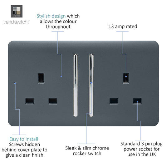 Trendi Switch ART-SKT213LWG, Artistic Modern 2 Gang 13Amp Long Switched Double Socket Warm Grey Finish, BRITISH MADE, (25mm Back Box Required), 5yrs Warranty - 53850