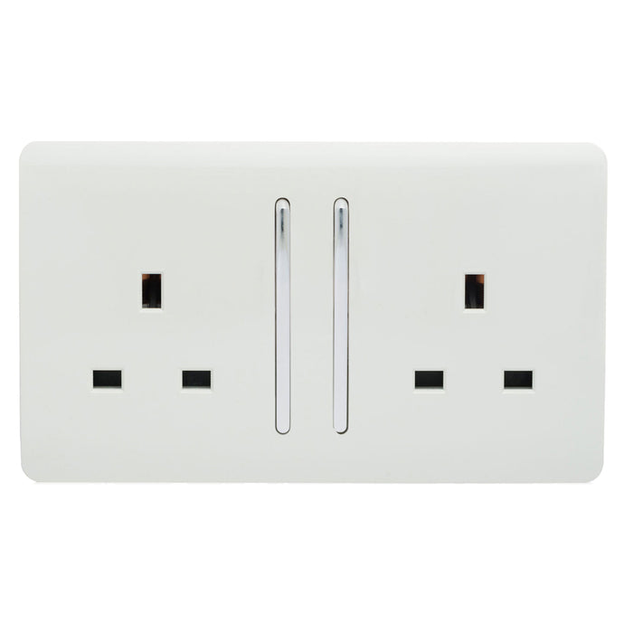 Trendi Switch ART-SKT213LWH, Artistic Modern 2 Gang 13Amp Long Switched Double Socket Gloss White Finish, BRITISH MADE, (25mm Back Box Required), 5yrs Warranty - 24235
