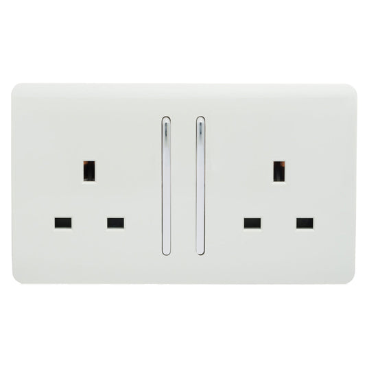 Trendi Switch ART-SKT213LWH, Artistic Modern 2 Gang 13Amp Long Switched Double Socket Gloss White Finish, BRITISH MADE, (25mm Back Box Required), 5yrs Warranty - 24235